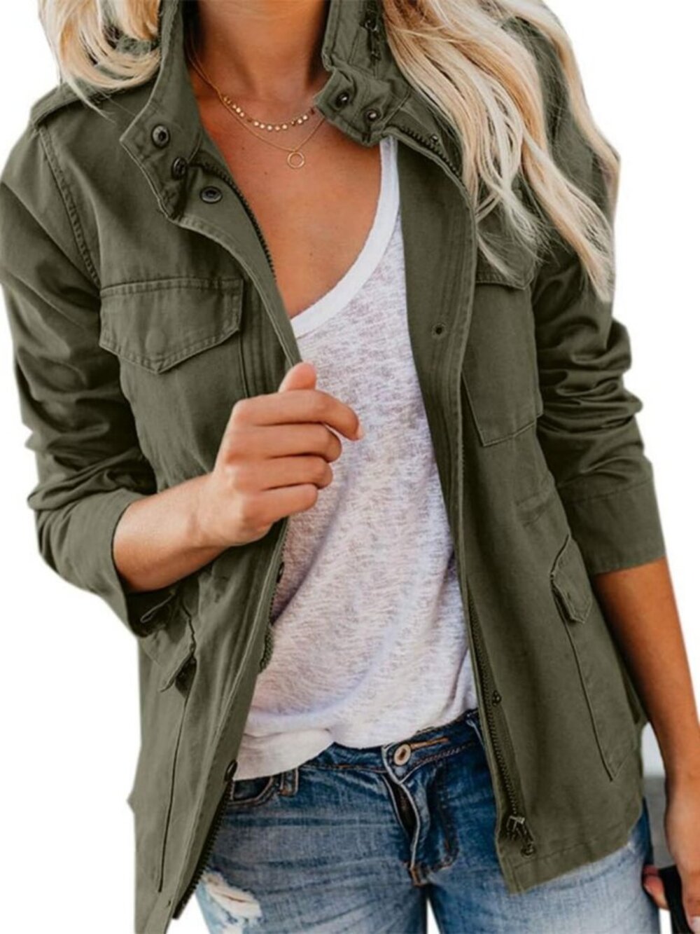 Lightweight Women's Military Utility Jacket - Zip Up, Snap Buttons, Anorak Coat